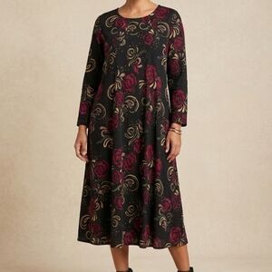 Gudrun Sjoden Women SZ S Black Floral Print 3/4 Sleeve Cotton Pleat Tunic Dress